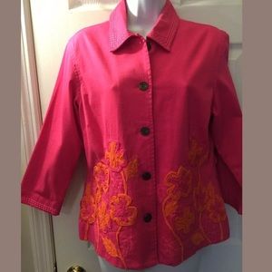 Chico’s Floral Appliqué Jacket Pink Orange Button Front Colorful Vibrant Texture